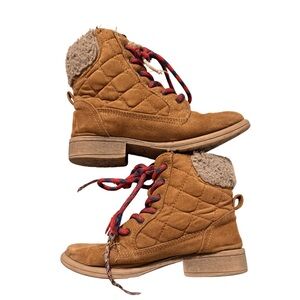 Steve Madden Girls Tan Faux Suede Sherpa Lined Lace Up Boots Side Zip Size 11